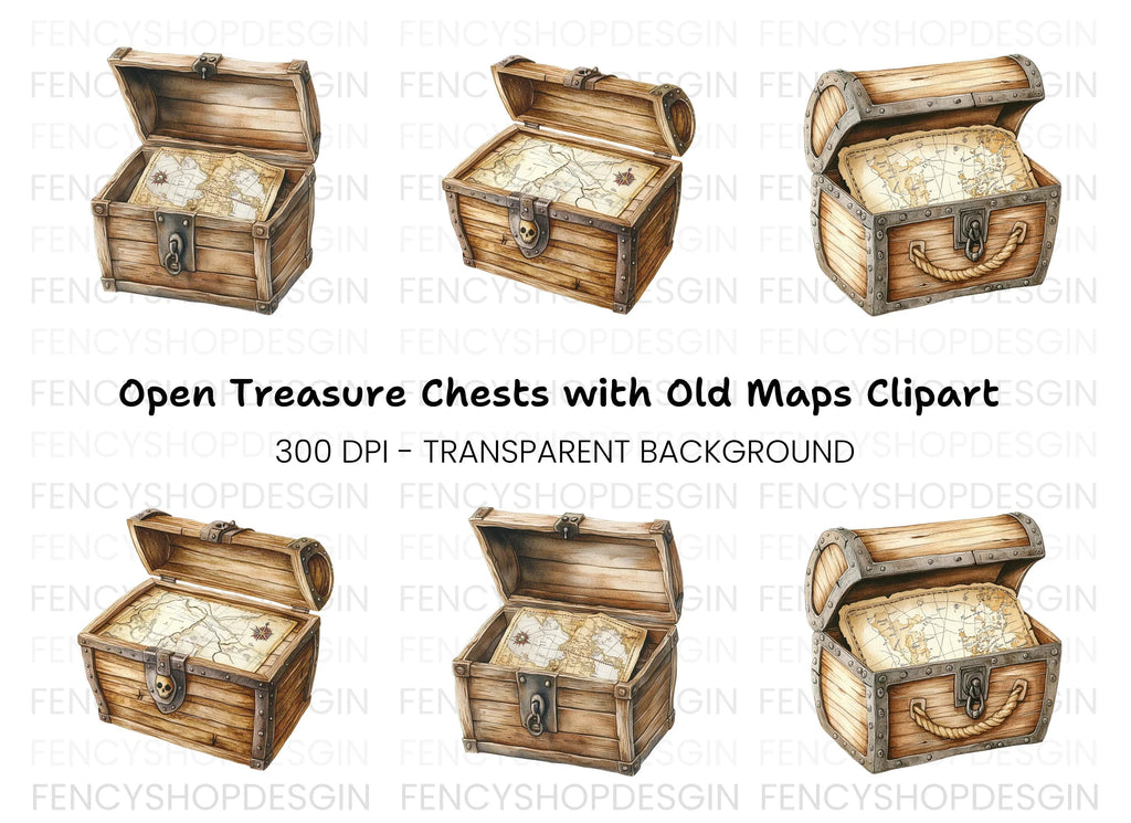 Pirate Treasure Chest with Map Clipart Bundle