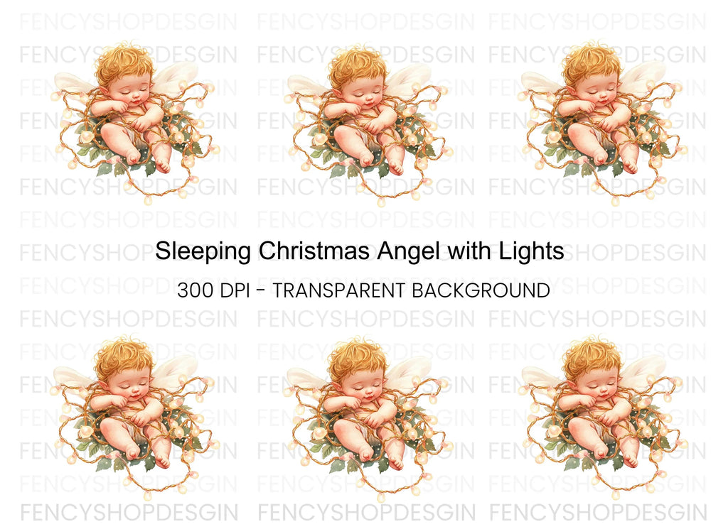Sleeping Baby Angel with Fairy Lights Clipart Bundle
