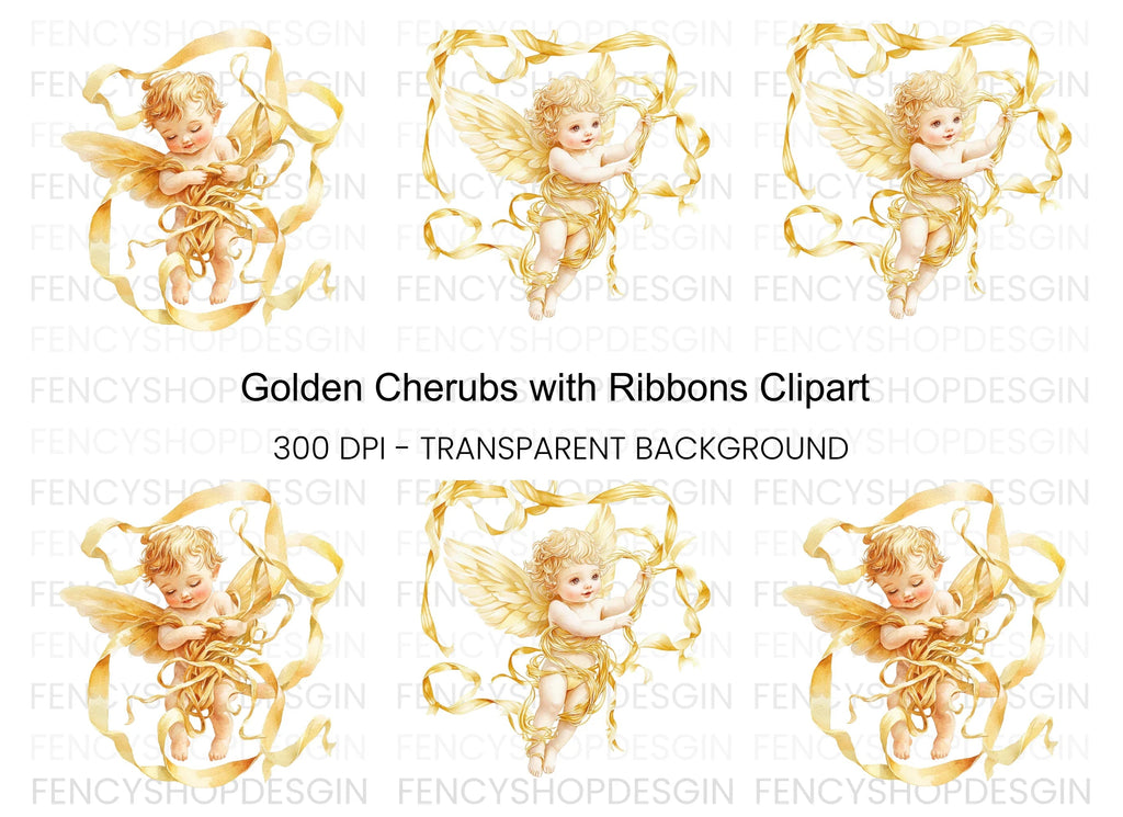 Golden Angel Cherubs with Ribbons Clipart Bundle