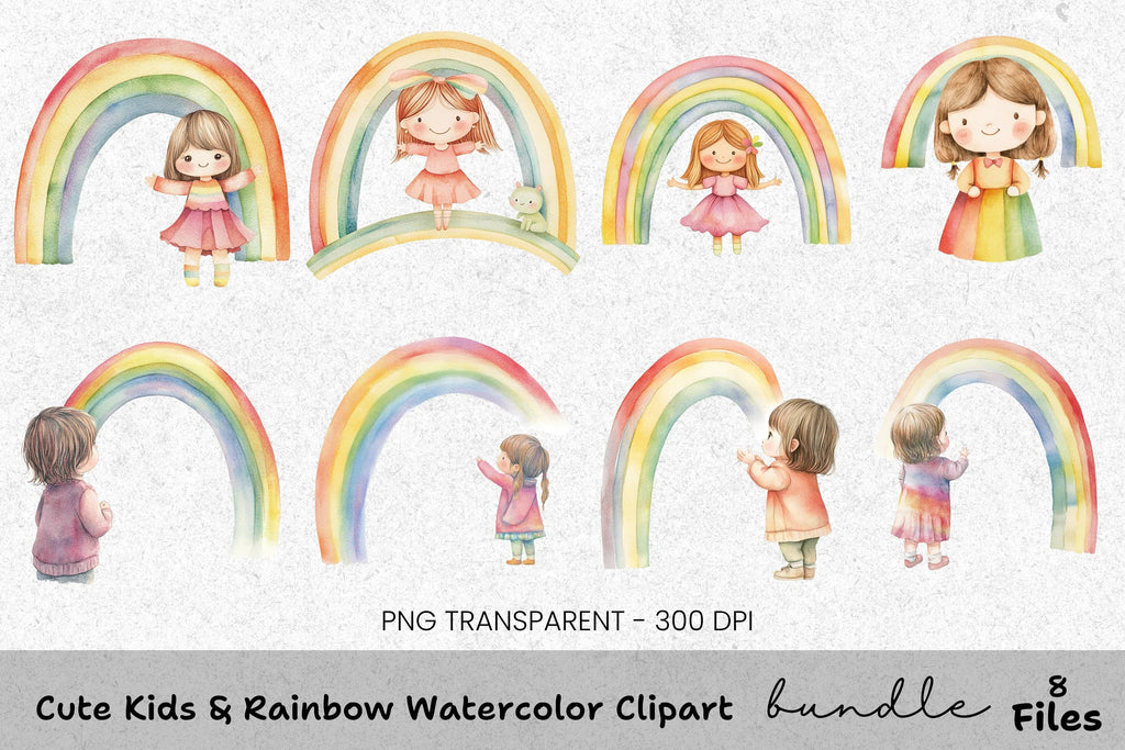 Cute Kids Rainbow Clipart Bundle