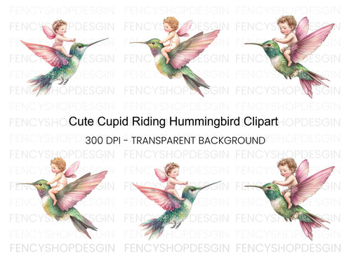 Adorable Cupid Riding Hummingbird Clipart Bundle