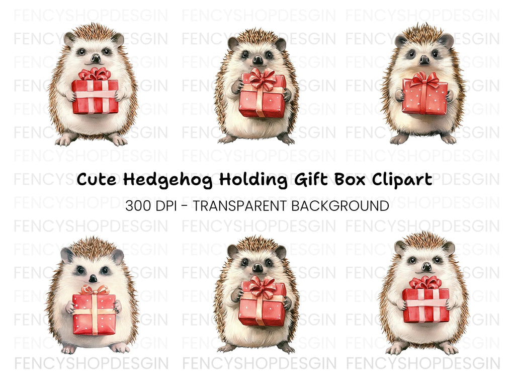 Cute Hedgehogs with Red Gift Boxes Clipart Bundle