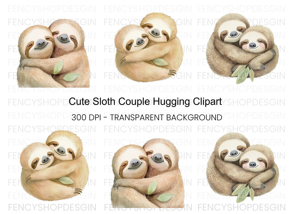 Cute Sloth Couple Hugging Clipart Bundle