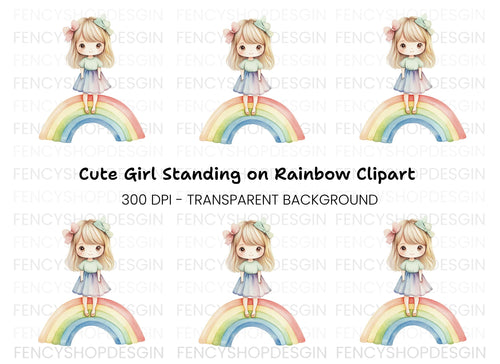 Adorable Girl Standing on Rainbow Clipart Bundle