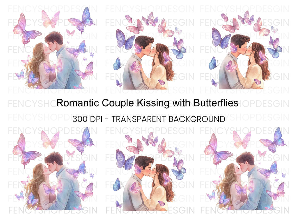 Romantic Couple Kissing with Butterflies Clipart Bundle