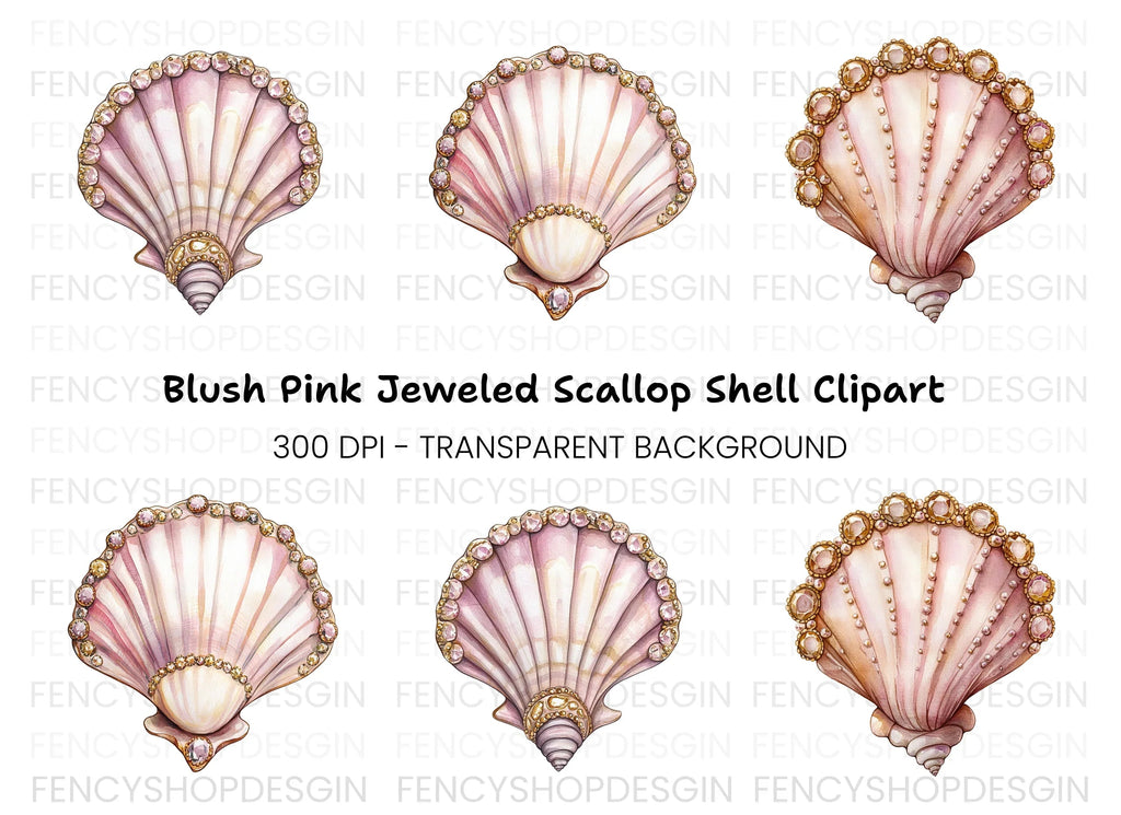 Pink Seashells with Gold Gem Clipart Bundle