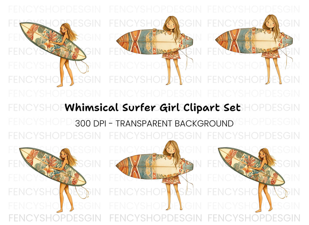 Surfer Girl with Patterned Board Clipart Bundle