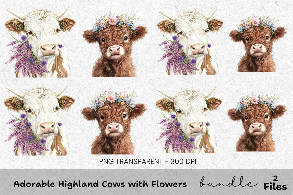 Adorable Highland Cows with Flowers Clipart Bundle