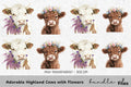 Adorable Highland Cows with Flowers Clipart Bundle