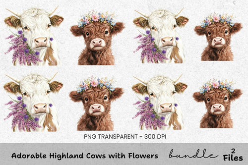 Adorable Highland Cows with Flowers Clipart Bundle