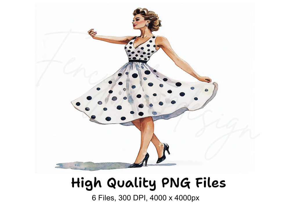 Retro 50s Polka Dot Dress Woman Clipart Bundle