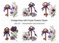 Vintage Keys with Purple Ribbons Clipart Bundle