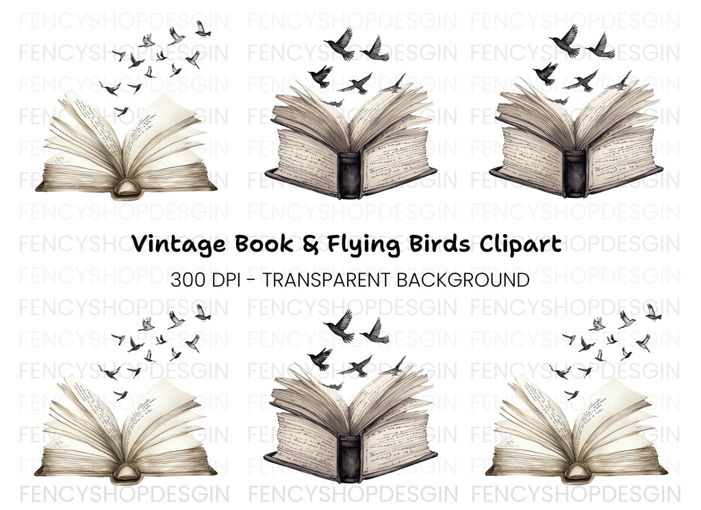 Open Books with Flying Birds Clipart Bundle