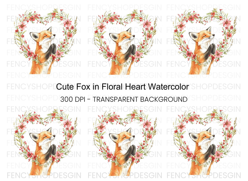 Cute Fox with Floral Heart Clipart Bundle
