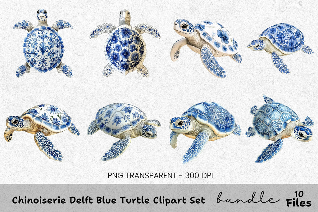 Chinoiserie Delft Blue Turtle Clipart Bundle