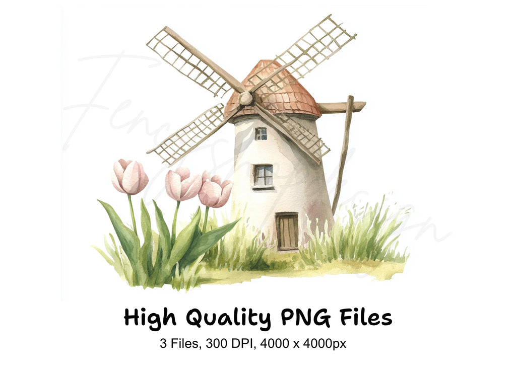 Windmills and Pastel Tulips Clipart Bundle