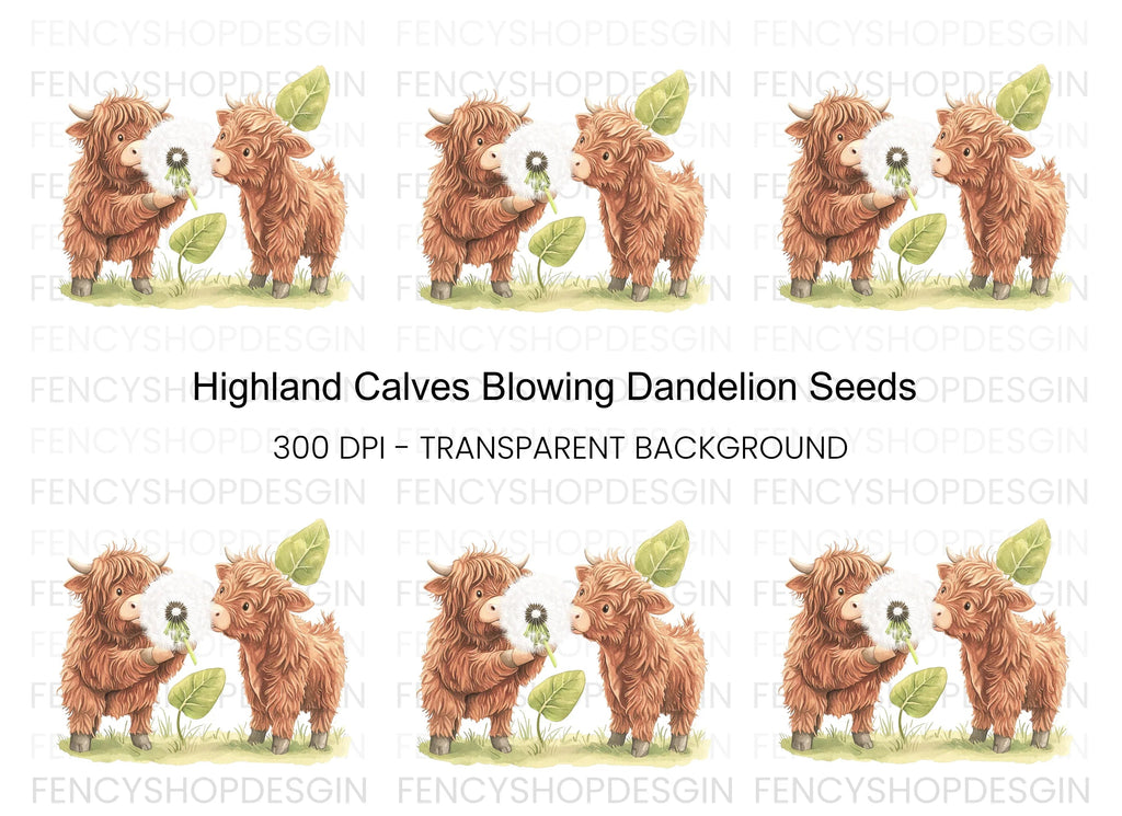 Highland Calf Blowing Dandelion Clipart Bundle