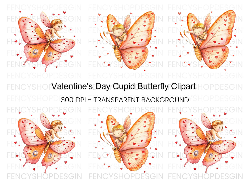 Cute Cupid Riding Butterfly Clipart Bundle