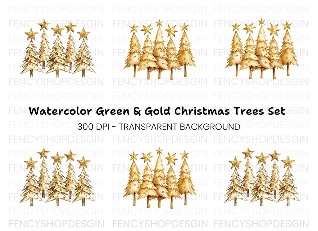 Golden Christmas Tree Clipart Bundle