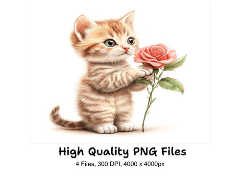 Adorable Kittens with Pink Roses Clipart Bundle