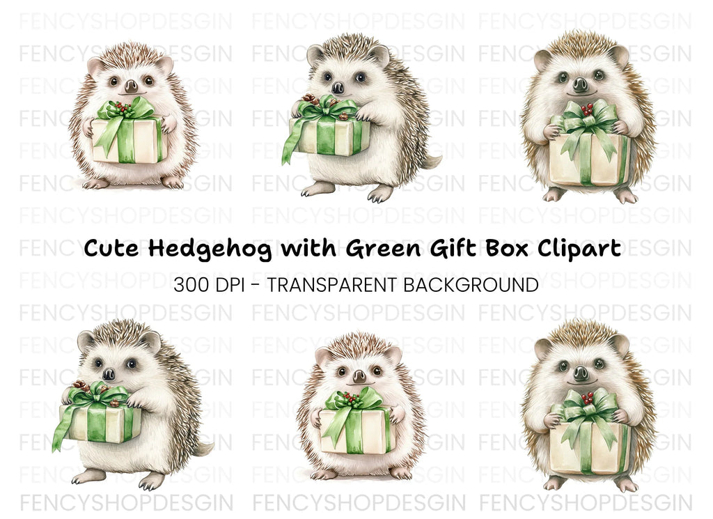 Hedgehogs with Green Gift Boxes Clipart Bundle