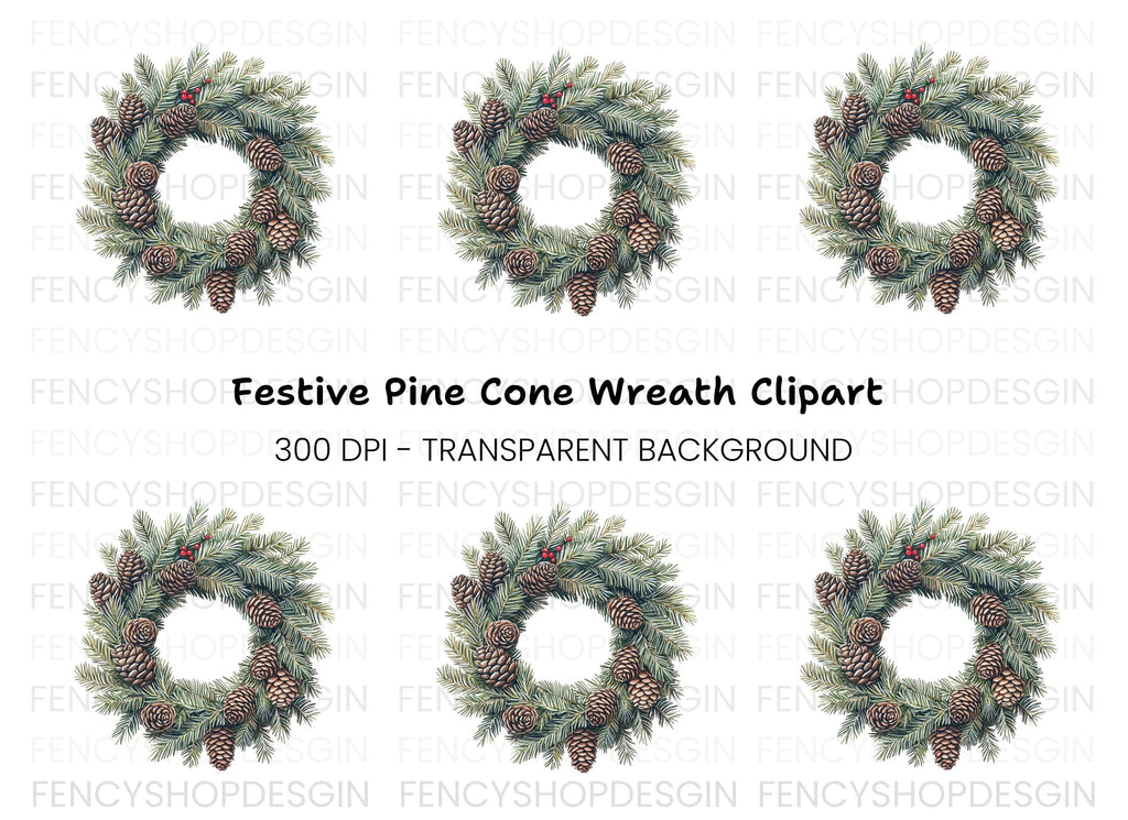 Christmas Pine Cone Wreath Clipart Bundle
