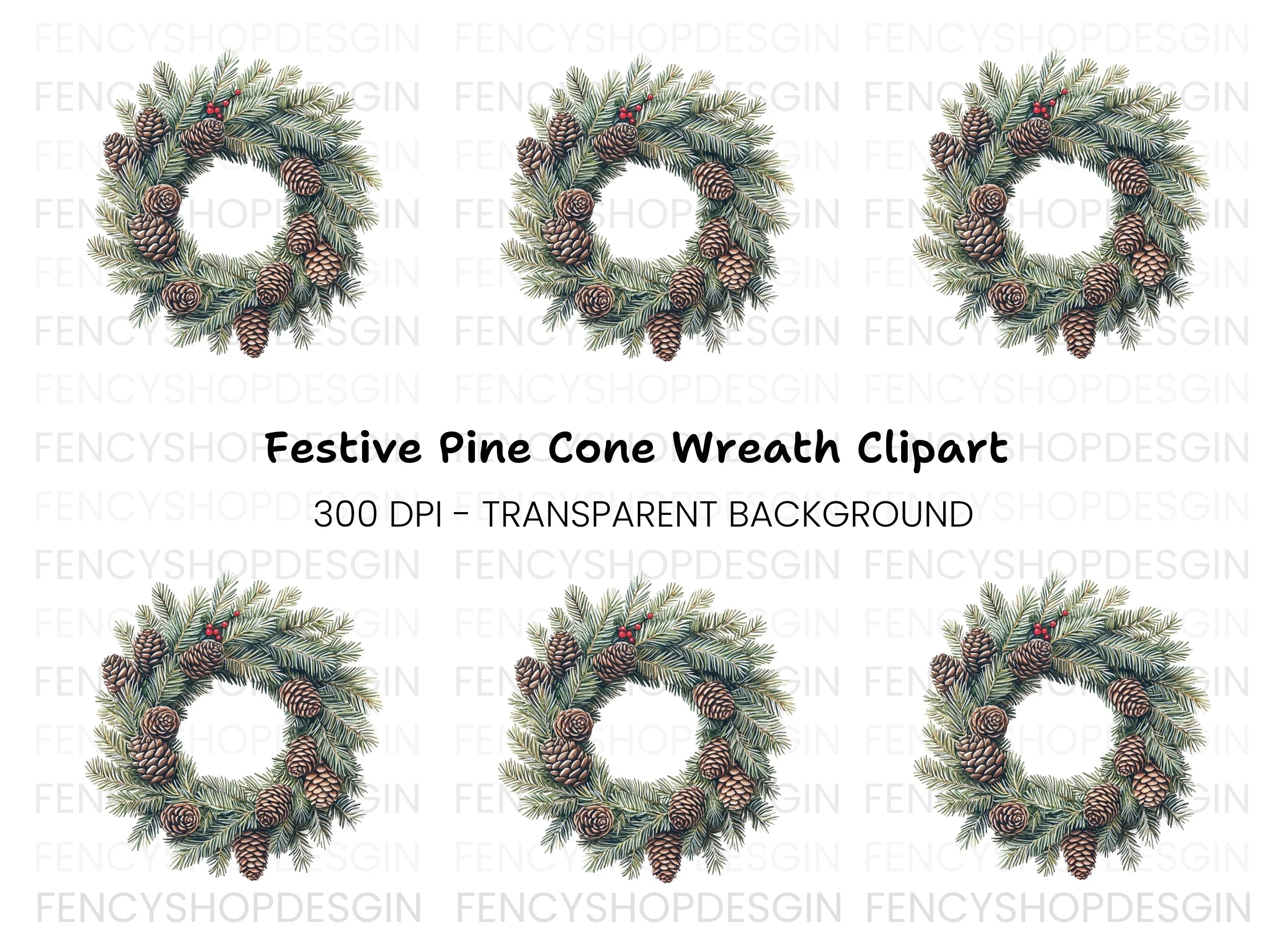 Christmas Pine Cone Wreath Clipart Bundle