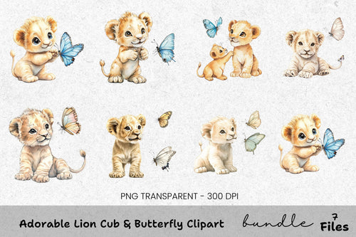 Adorable Lion Cub Butterfly Clipart Bundle