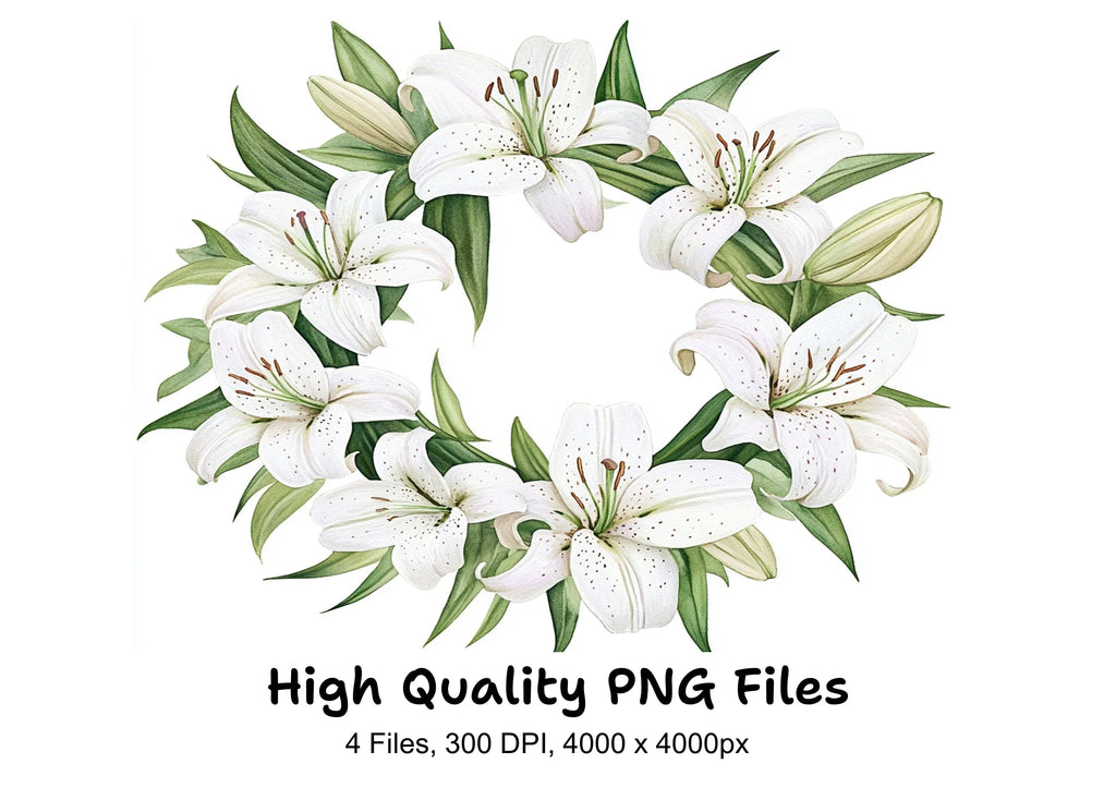 Elegant White Lily Wreaths Clipart Bundle