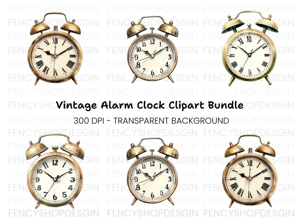 Vintage Gold Alarm Clock Clipart Bundle