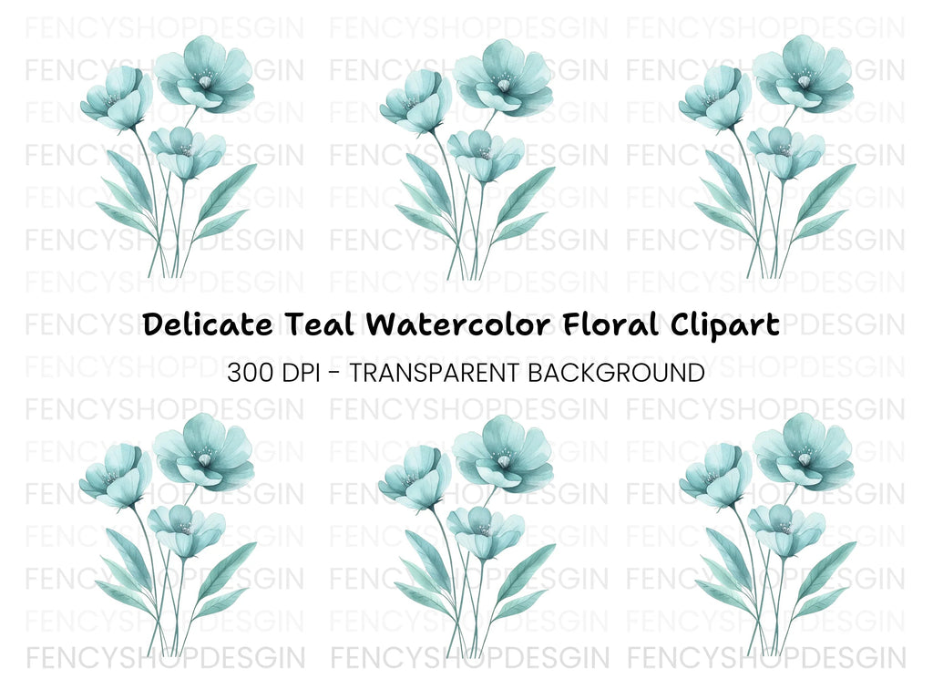 Teal Flowers Clipart Bundle