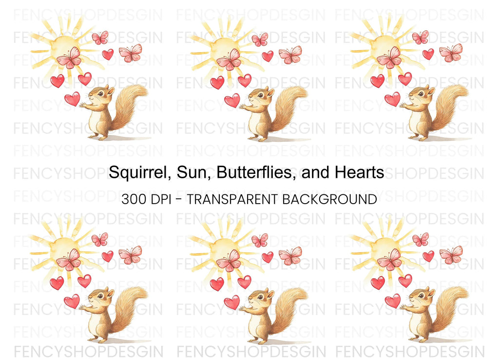 Happy Squirrel with Hearts and Butterflies Clipart Bundle