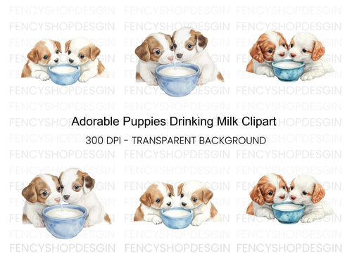 Adorable Puppy Pairs Drinking Milk Clipart Bundle