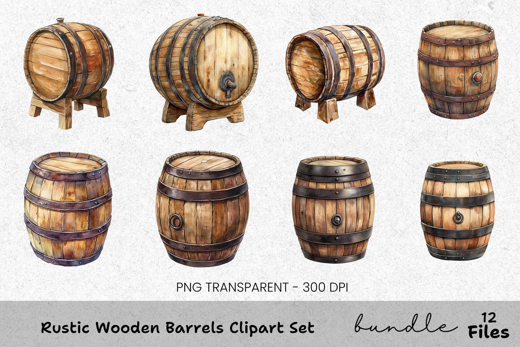 Rustic Wooden Barrels Clipart Bundle