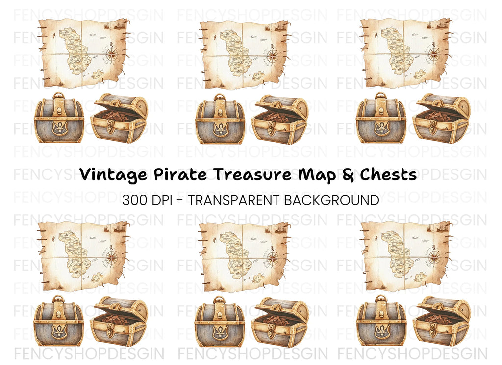 Pirate Treasure Map and Chests Clipart Bundle
