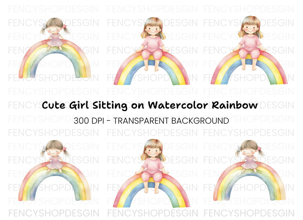 Sweet Girls on Rainbow Clipart Bundle
