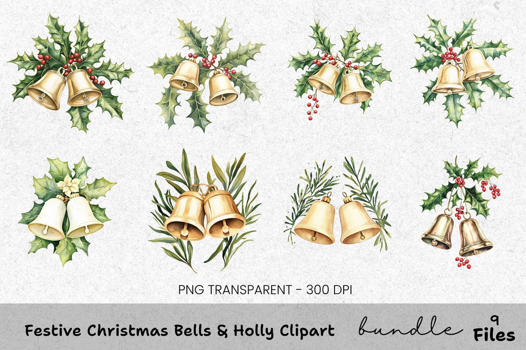 Festive Christmas Bells Holly Clipart Bundle