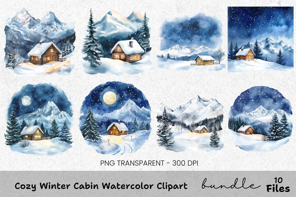 Snowy Mountain Cabin Clipart Bundle