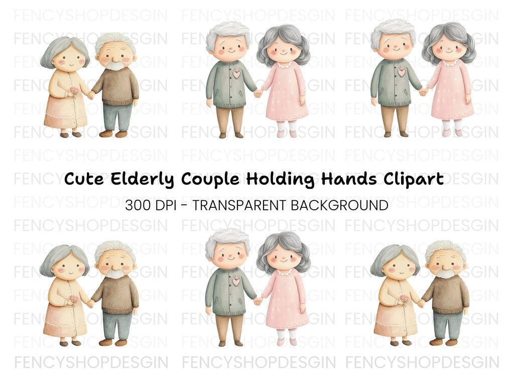 Cute Elderly Couple Holding Hands Clipart Bundle