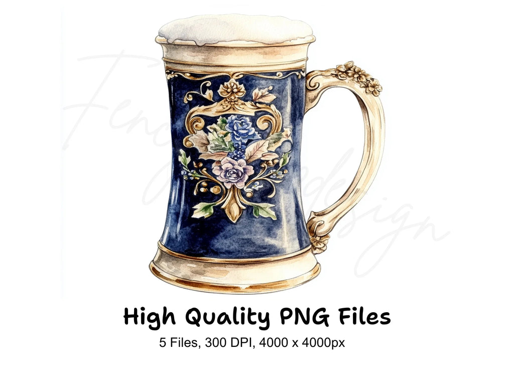 Elegant Floral Beer Steins Clipart Bundle