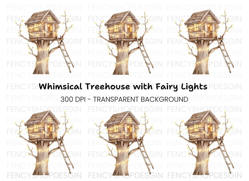 Cozy Treehouse with Glowing Lights Clipart Bundle