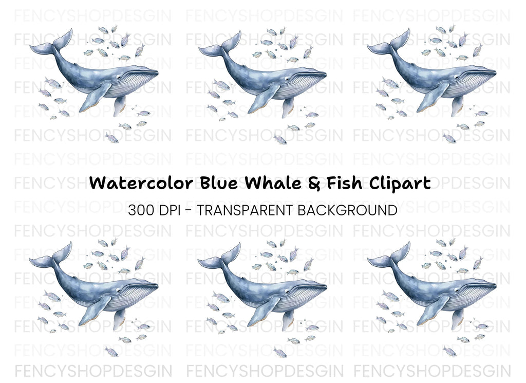 Blue Whale and Fish Ocean Clipart Bundle