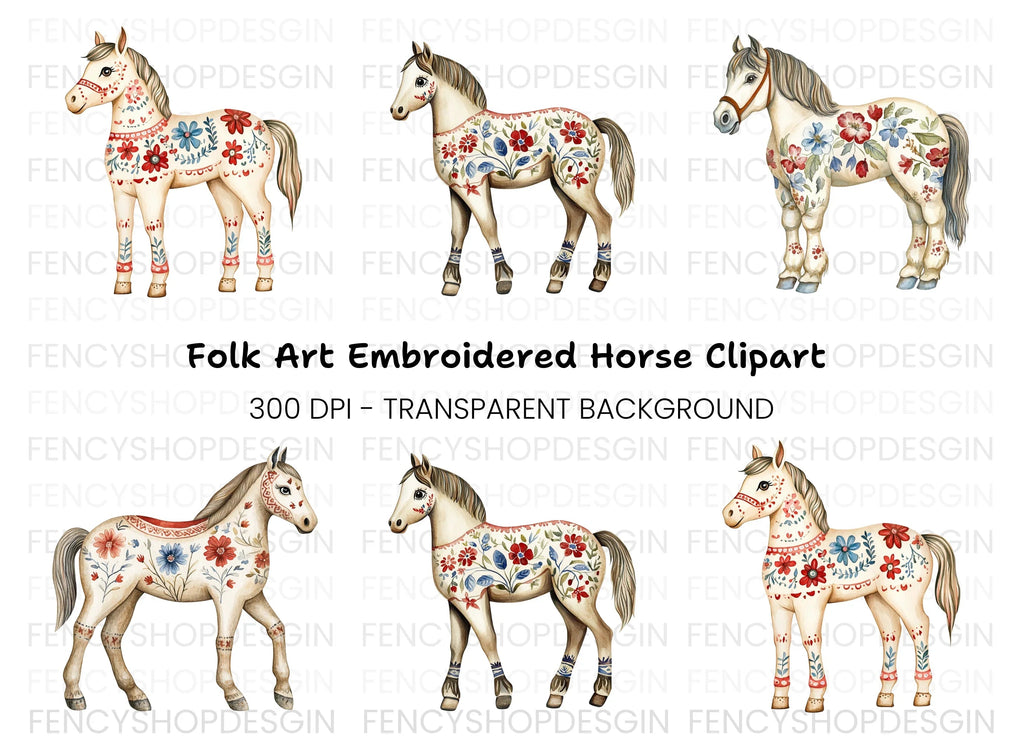 Floral Painted Horses Clipart Bundle