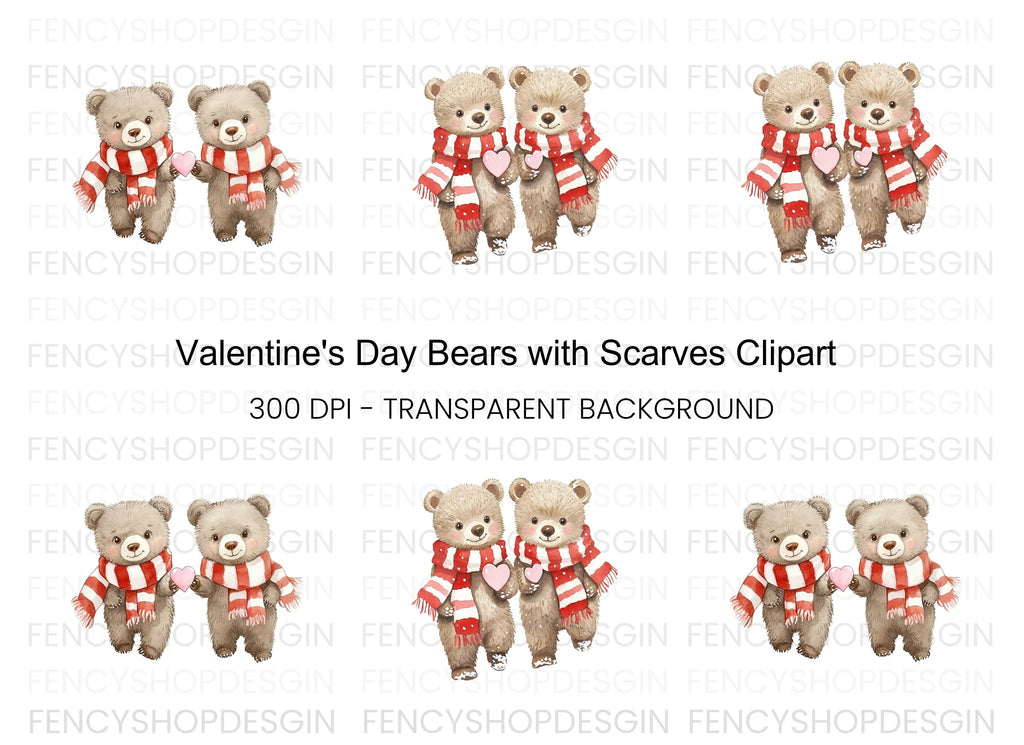 Sweet Bear Couple with Scarves and Hearts Clipart Bundle