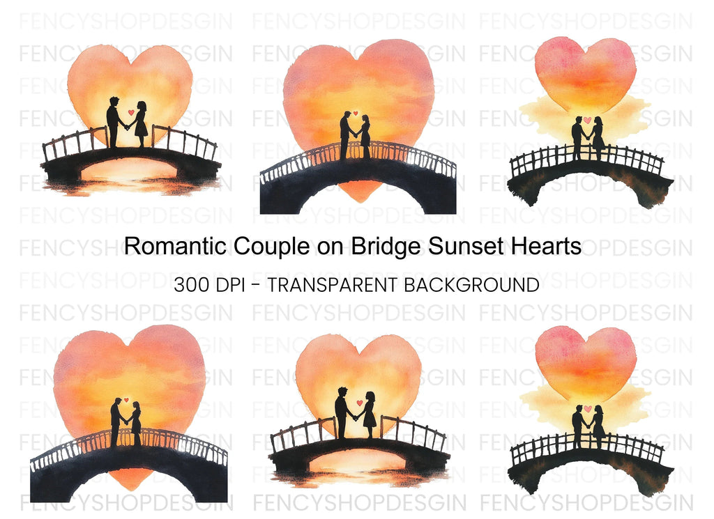 Romantic Couple on Bridge at Sunset Clipart Bundle