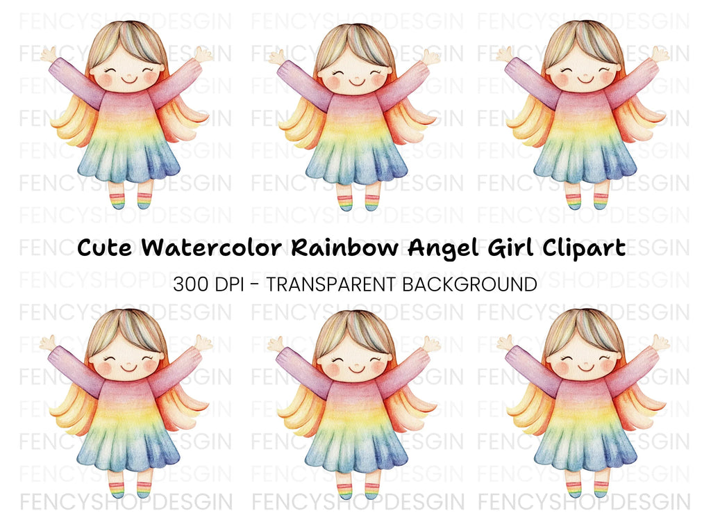 Cute Rainbow Angel Girl Clipart Bundle