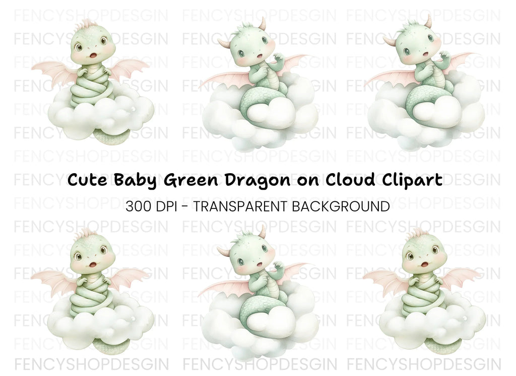 Cute Baby Dragon on Clouds Clipart Bundle