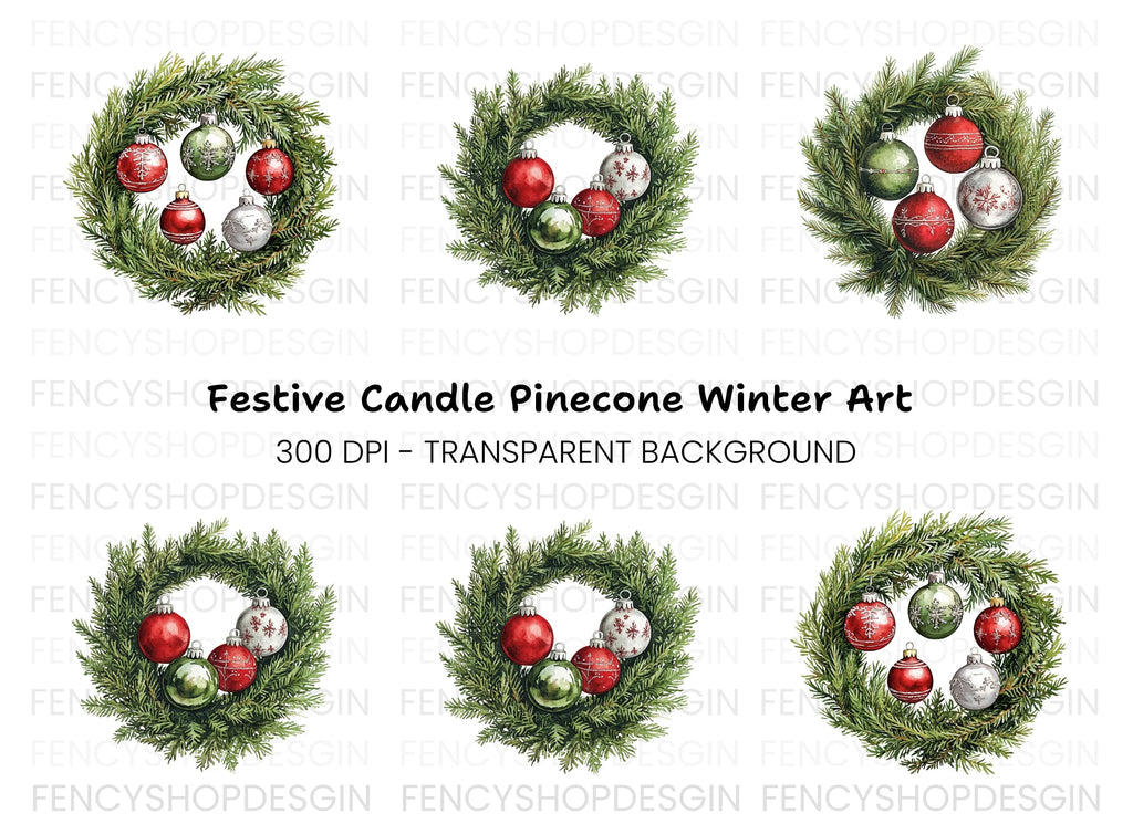 Christmas Wreaths with Ornaments Clipart Bundle