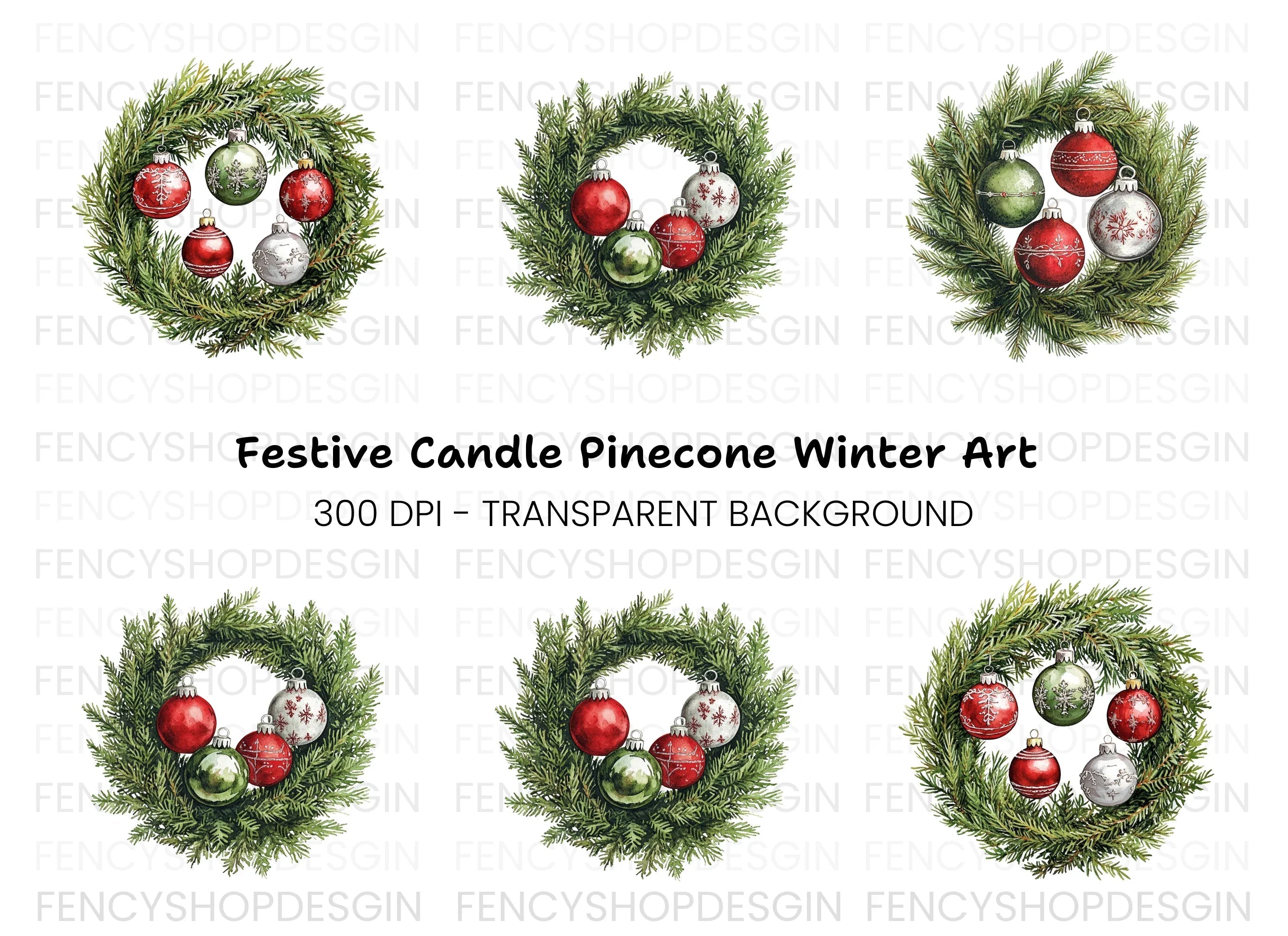 Christmas Wreaths with Ornaments Clipart Bundle