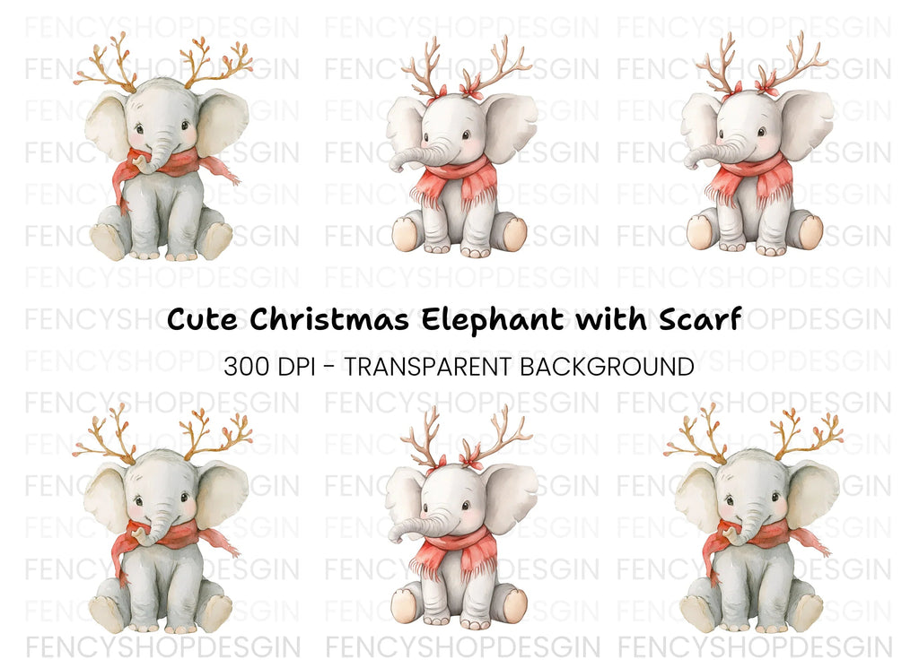 Cute Baby Elephant Christmas Clipart Bundle